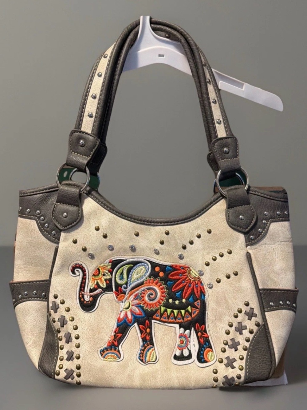 White & Gray Elephant Purse Concealed Carry Embroidered Western Shoulder Tote.